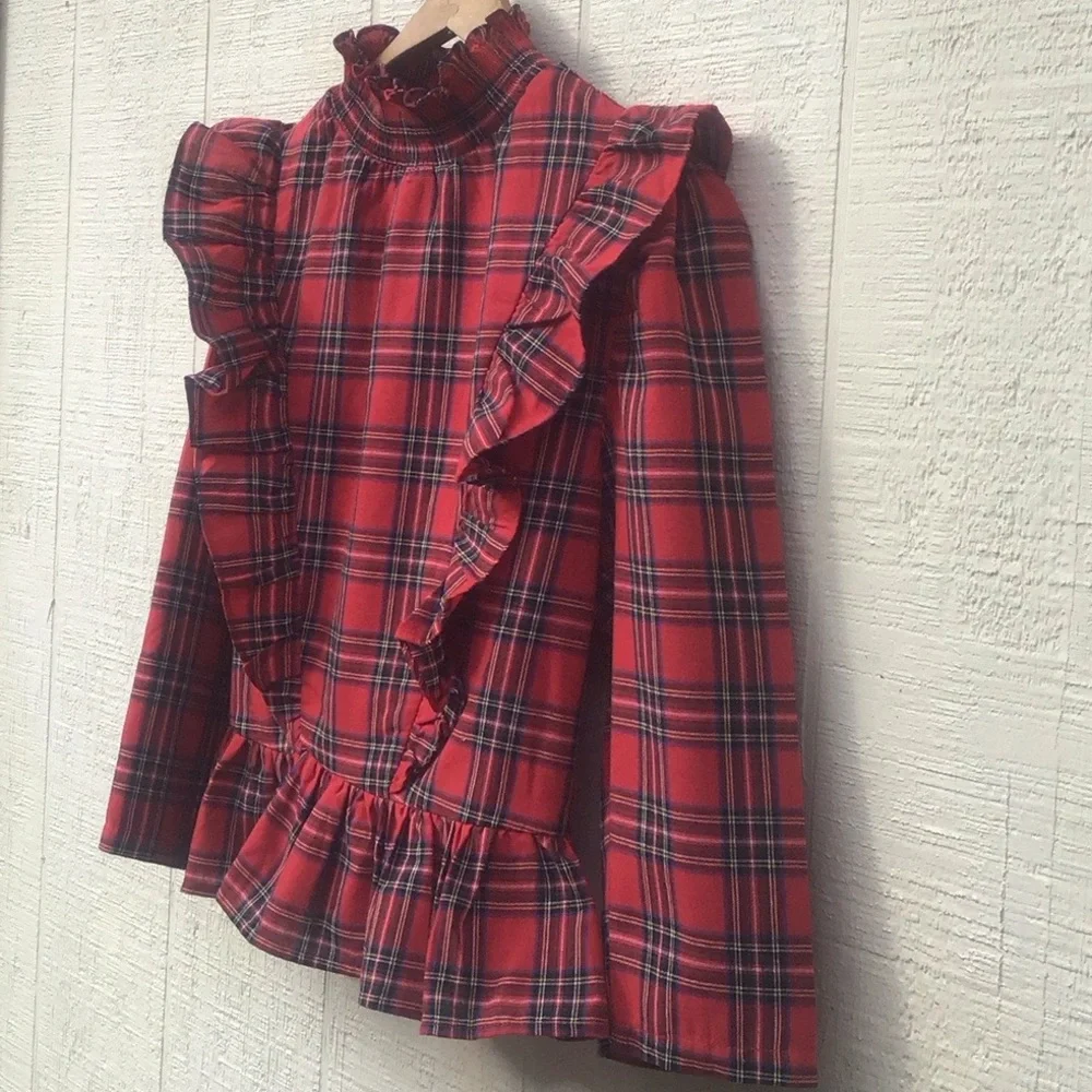 English Factory tartan ruffle blouse